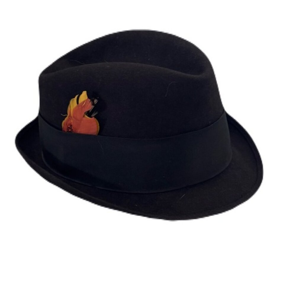 Stetson Black Felt Trilby Hat with Orange Feather Accent